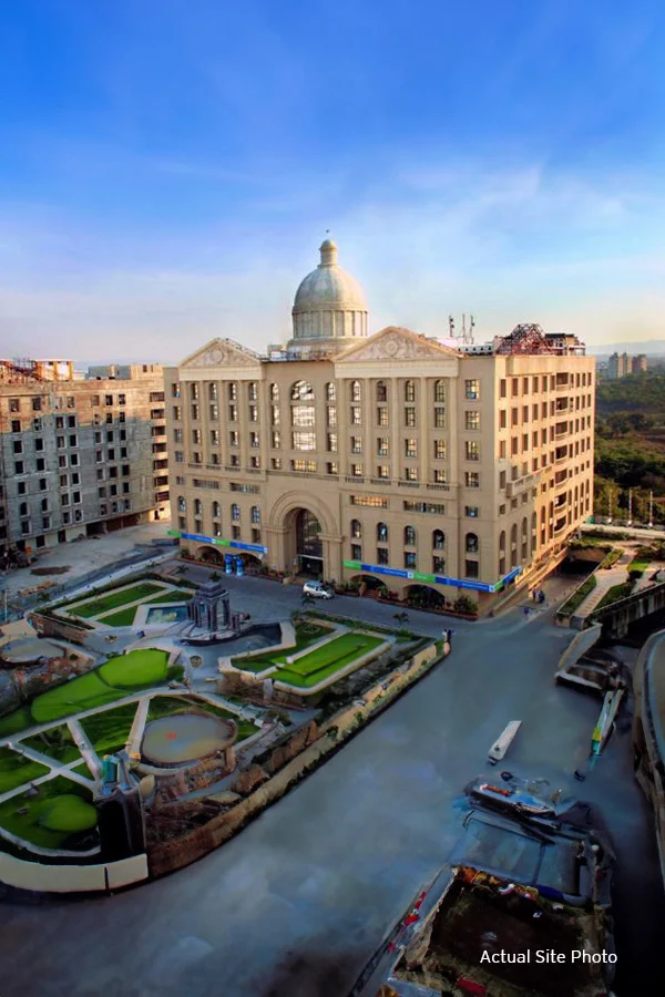 Aerial view of Nyati Evoque, a luxurious residential building with neoclassical facade, featuring 3 and 4 BHK flats in Kalyani Nagar, Pune, near the IT park.​