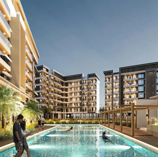A luxurious swimming pool at Nyati-Elite apartment complex in Undri Pune