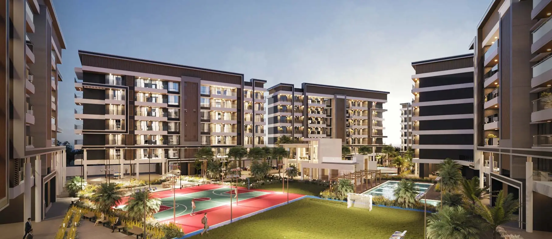 A rendering of Nyati Elite, a premium apartment complex with 3 and 4.5 bhk flats.