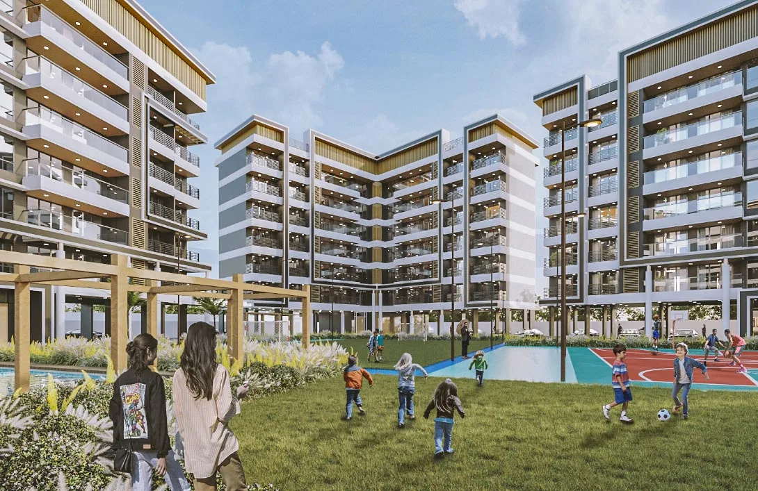 Artists impression of Nyati-Elite apartment complex in Undri Pune with amenities, playground, and modern flats