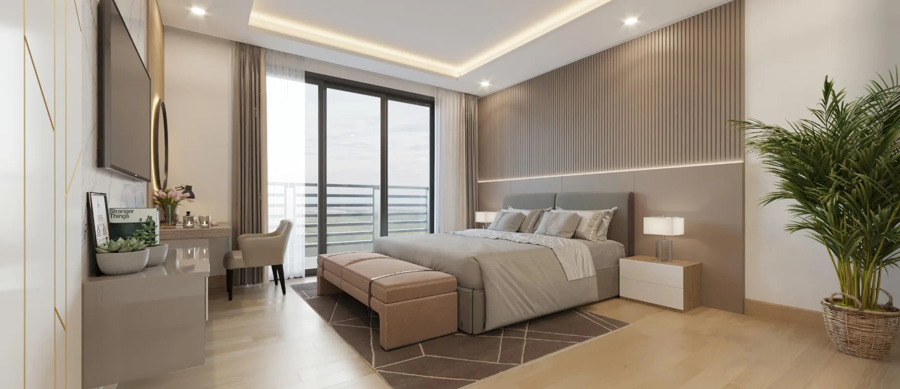 Modern bedroom with large bed and balcony in Nyati-Elite premium flats, master bedroom