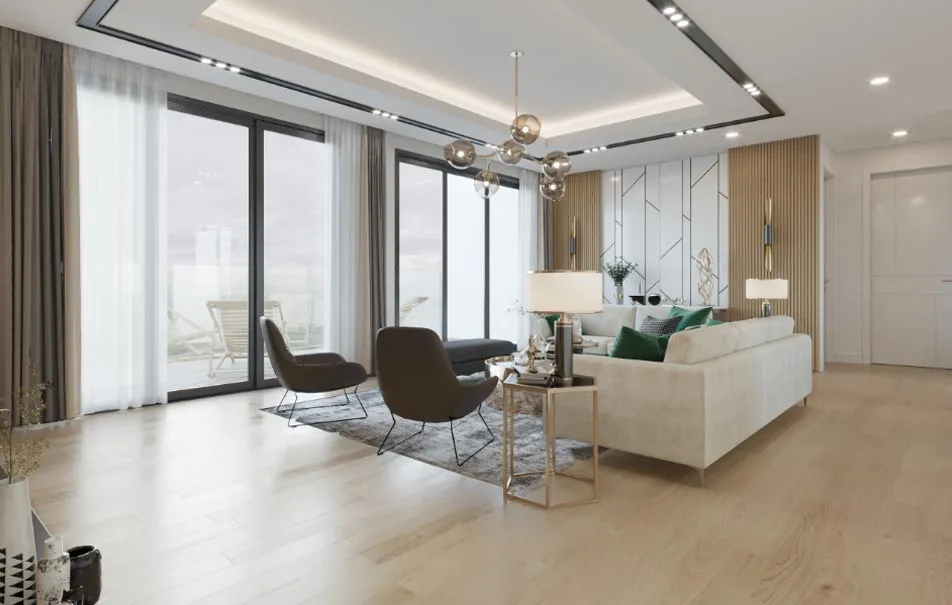 Modern living room with wooden floors and white furniture at Nyati-Elite, featuring award-winning space planning and luxury brands