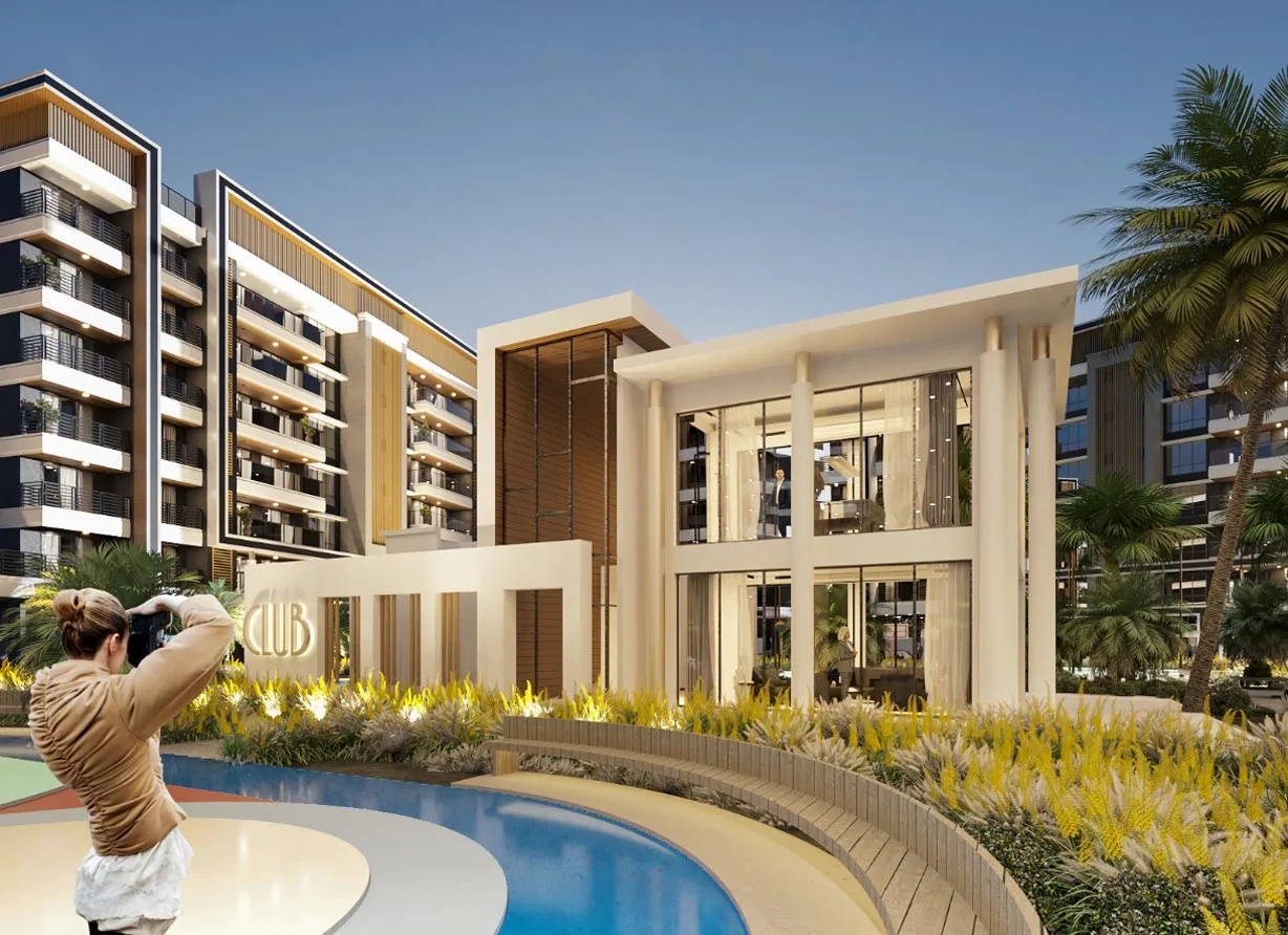 Nyati Elites poolside with Lady, luxury 3 & 4.5 bhk flats in background