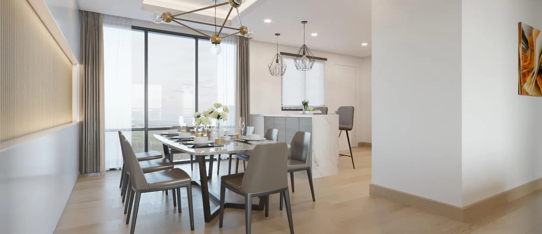 Stylish dining room with expansive window at Nyati-Elite, offering premium flats and ample dining space.