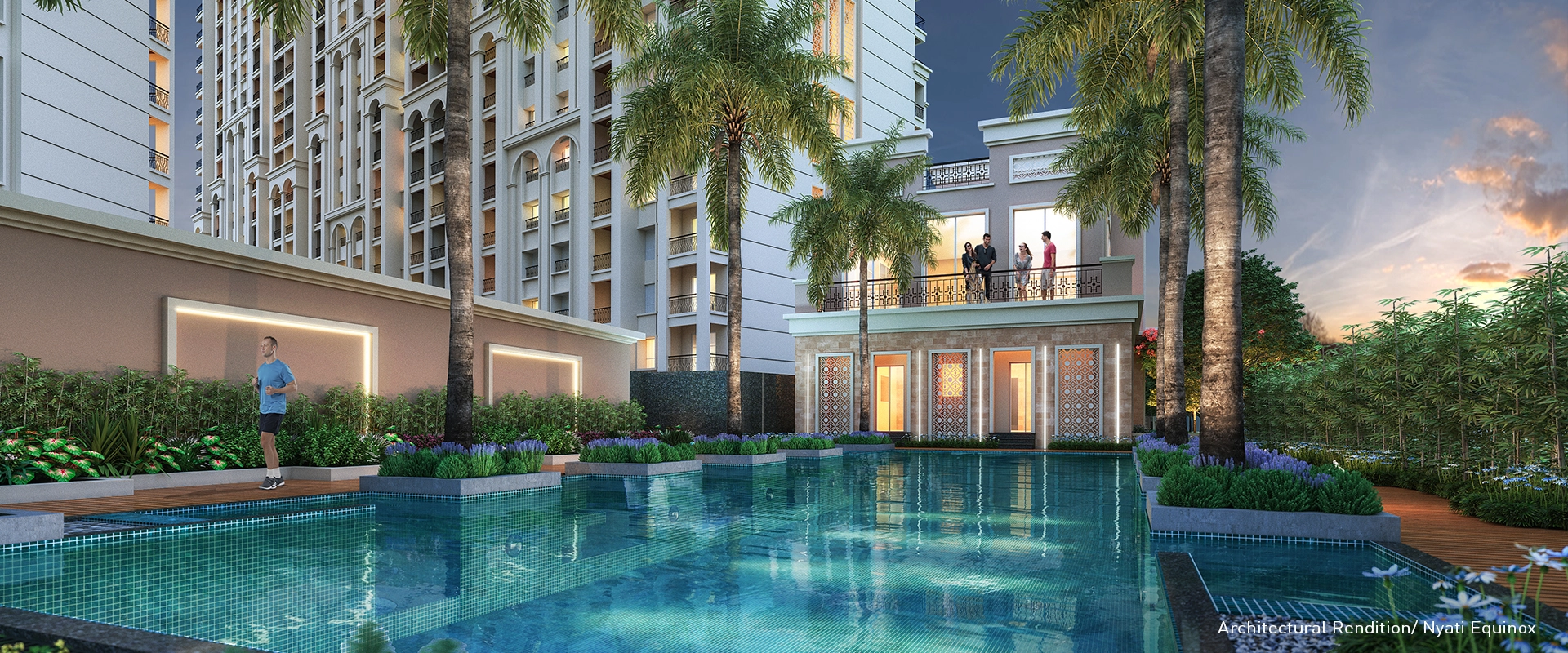 A serene view of the pool area with lush greenery and a modern residential building at Nyati Equinox, Bavdhan, Pune.