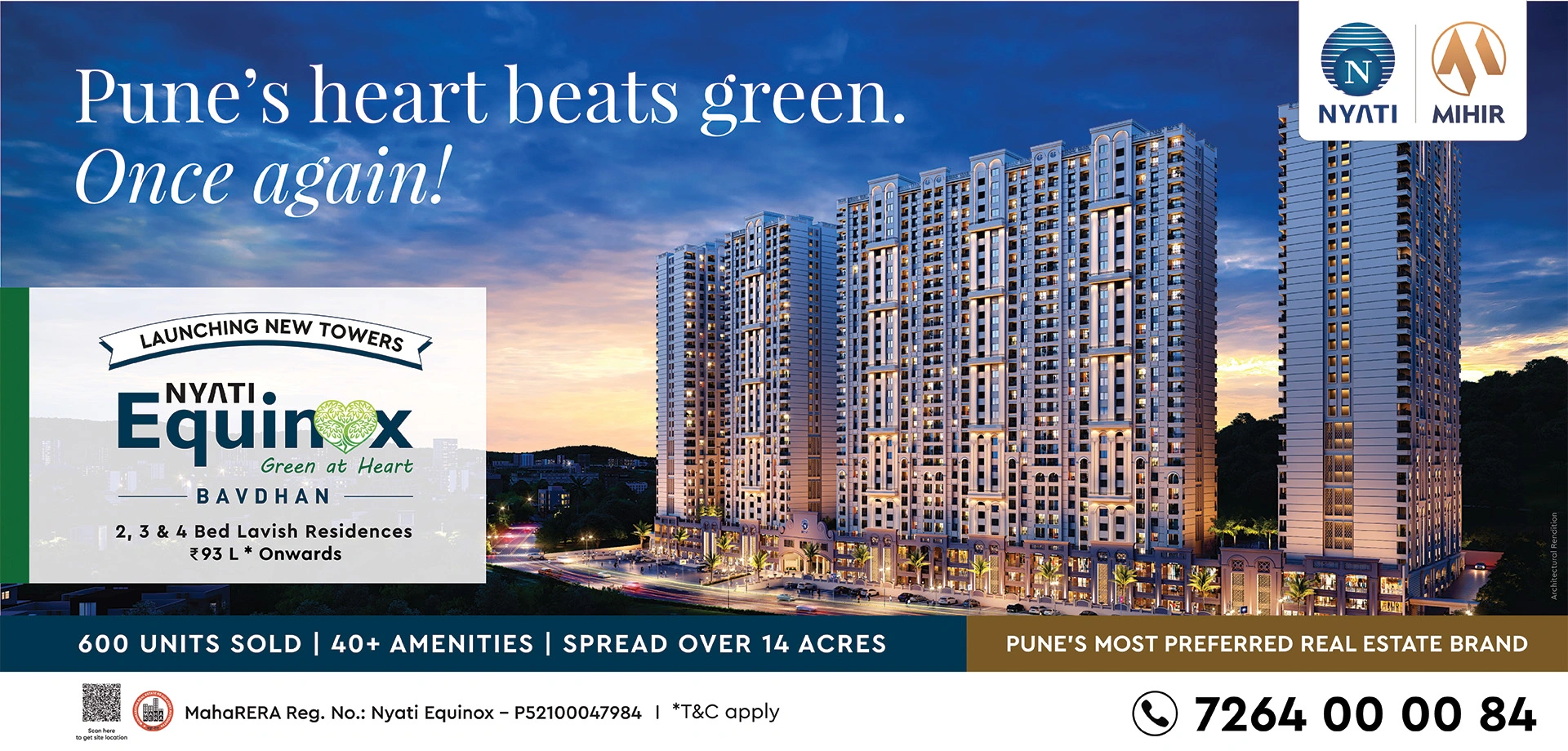 'Advertisement for Nyati Equinox towers in Bavdhan, Pune. Image shows high-rise residential buildings at sunset with text promoting 2, 3, and 4 bedroom apartments priced from ₹93 lakh, featuring over 40 amenities on 14 acres. Includes contact number 7264 00 00 84