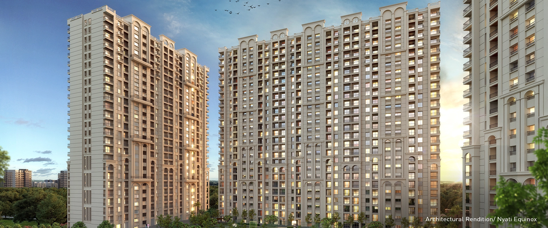 Architectural rendering of Nyati Equinox, a luxurious residential project offering 2, 3, and 4 BHK flats in Bavdhan, Pune.